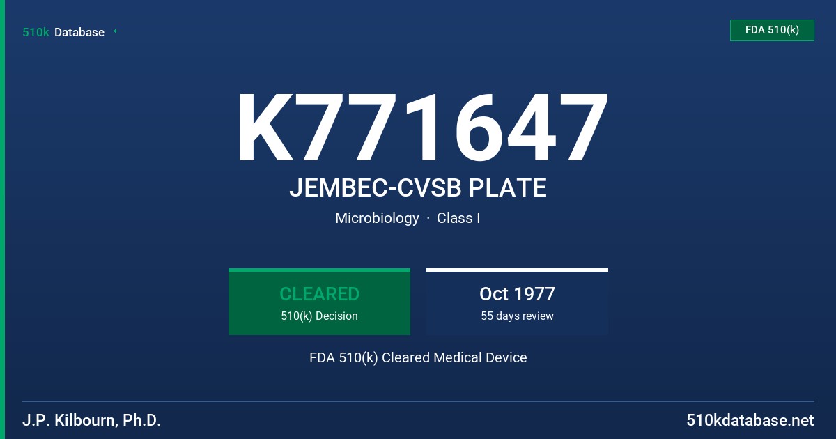 K771647 JEMBEC-CVSB PLATE FDA 510(k) Cleared Medical Device