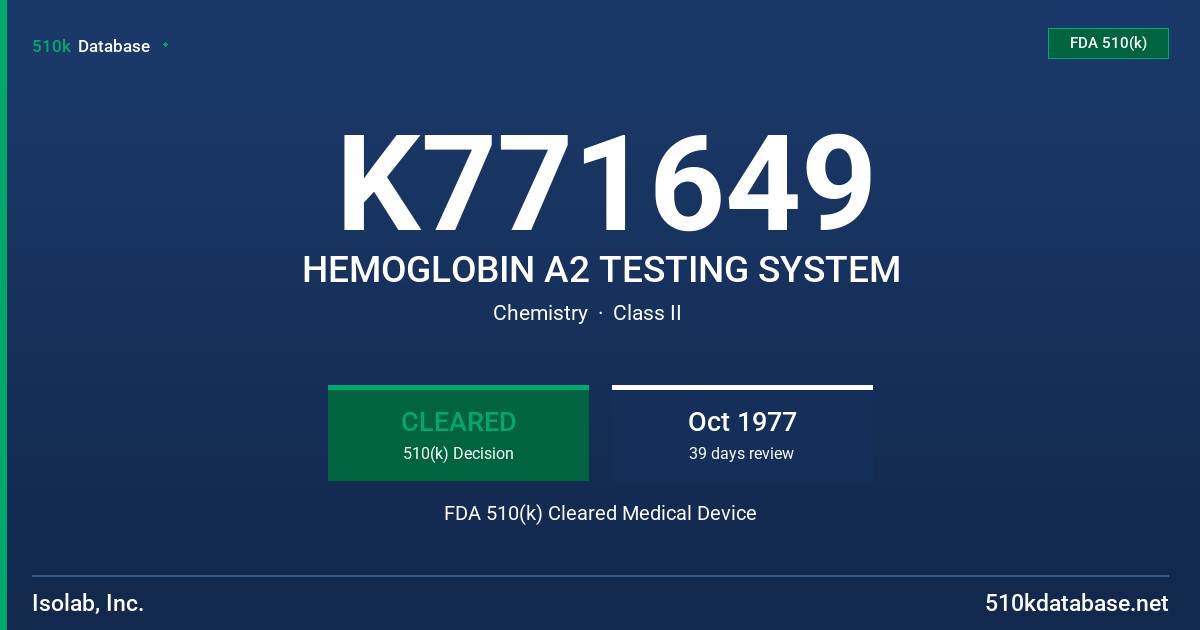K771649 HEMOGLOBIN A2 TESTING SYSTEM FDA 510(k) Cleared Medical Device