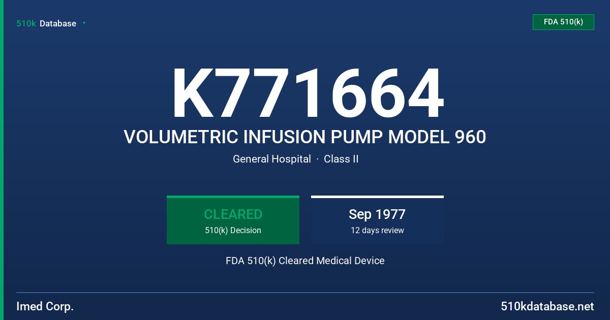 K771664 VOLUMETRIC INFUSION PUMP MODEL 960 FDA 510(k) Cleared Medical Device