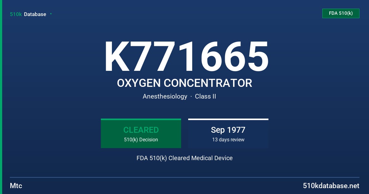 K771665 OXYGEN CONCENTRATOR FDA 510(k) Cleared Medical Device