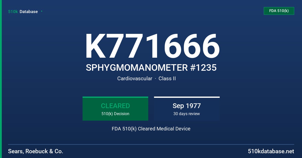 K771666 SPHYGMOMANOMETER #1235 FDA 510(k) Cleared Medical Device
