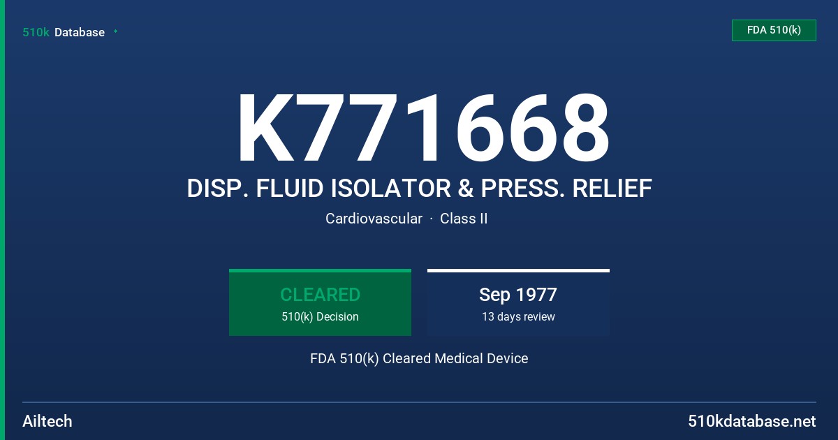 K771668 DISP. FLUID ISOLATOR & PRESS. RELIEF FDA 510(k) Cleared Medical Device
