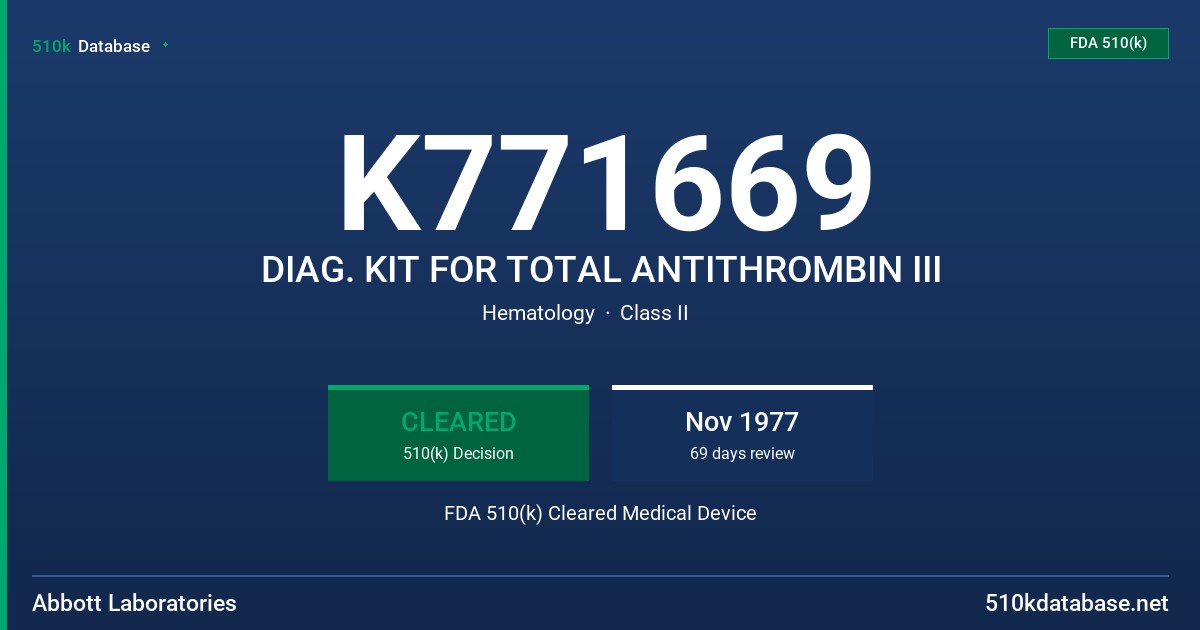 K771669 DIAG. KIT FOR TOTAL ANTITHROMBIN III FDA 510(k) Cleared Medical Device