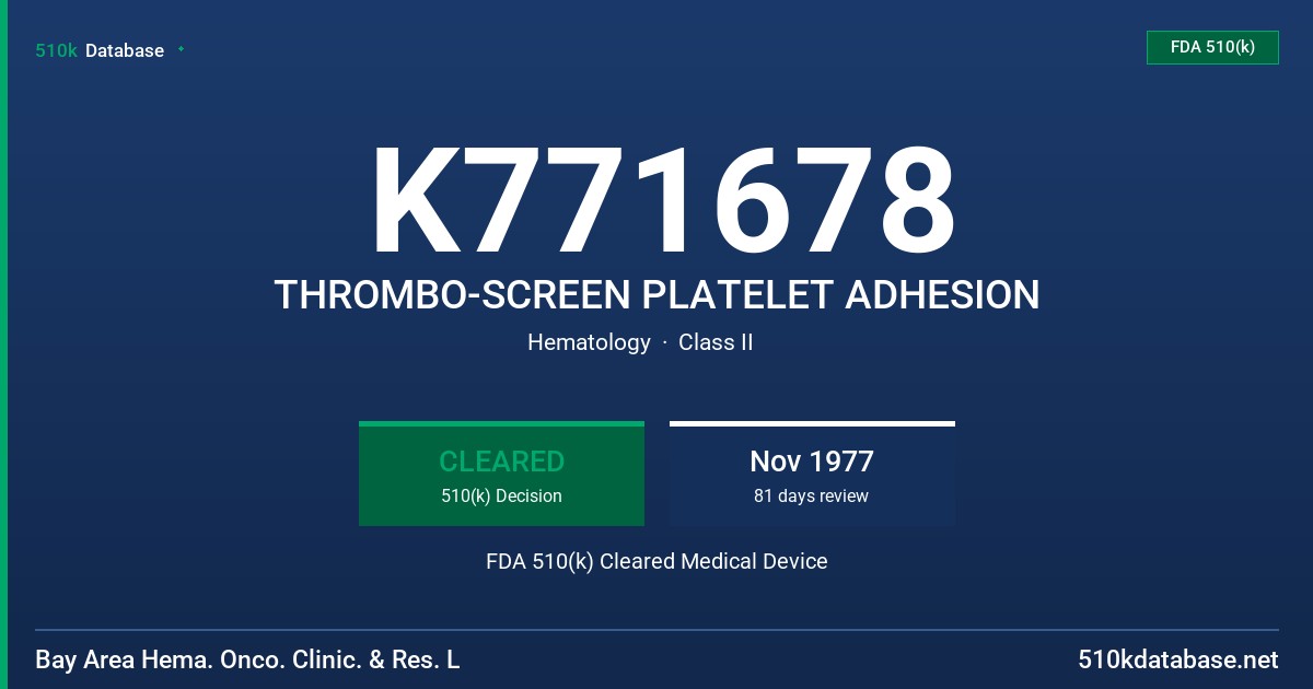 K771678 THROMBO-SCREEN PLATELET ADHESION FDA 510(k) Cleared Medical Device