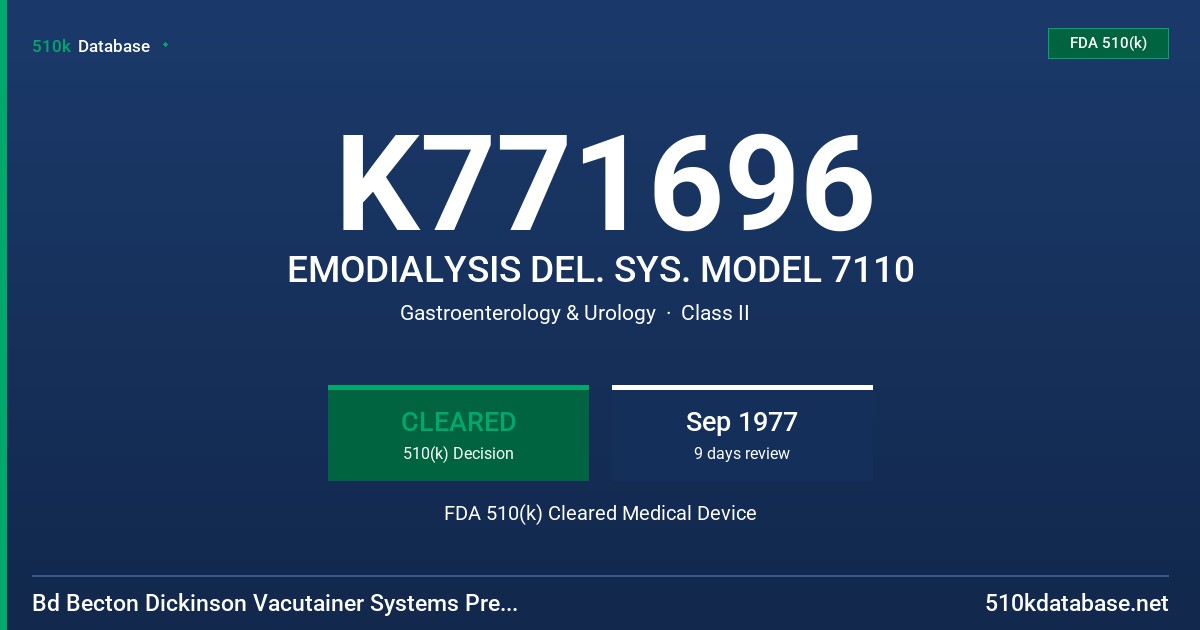 K771696 EMODIALYSIS DEL. SYS. MODEL 7110 FDA 510(k) Cleared Medical Device