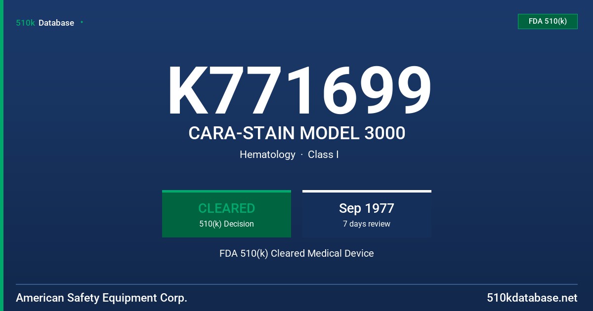 K771699 CARA-STAIN MODEL 3000 FDA 510(k) Cleared Medical Device
