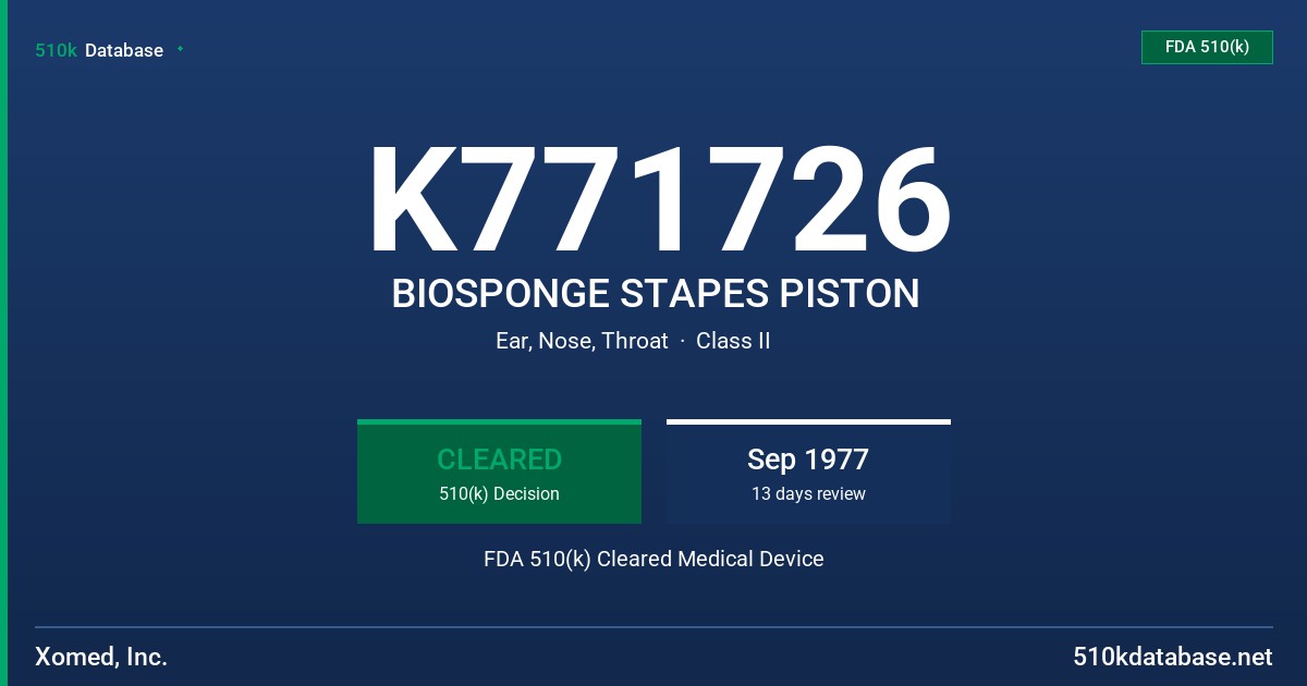 K771726 BIOSPONGE STAPES PISTON FDA 510(k) Cleared Medical Device