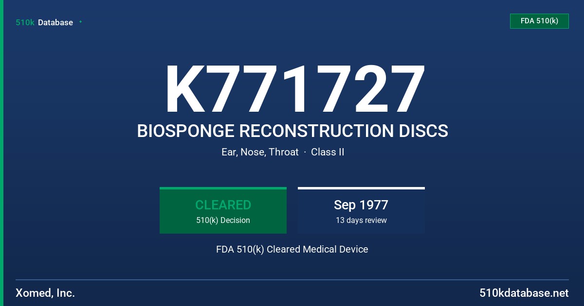 K771727 BIOSPONGE RECONSTRUCTION DISCS FDA 510(k) Cleared Medical Device