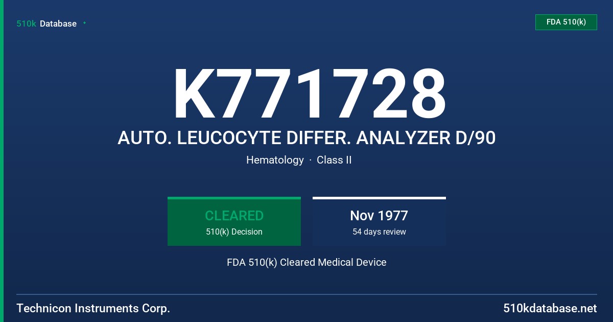 K771728 AUTO. LEUCOCYTE DIFFER. ANALYZER D/90 FDA 510(k) Cleared Medical Device
