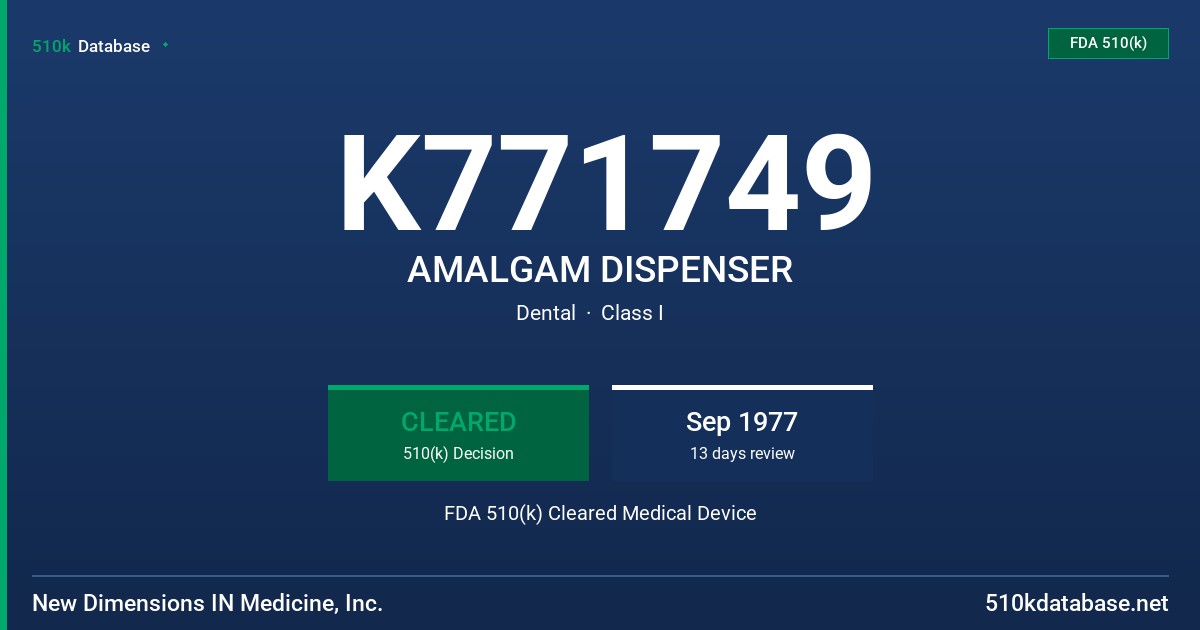 K771749 AMALGAM DISPENSER FDA 510(k) Cleared Medical Device