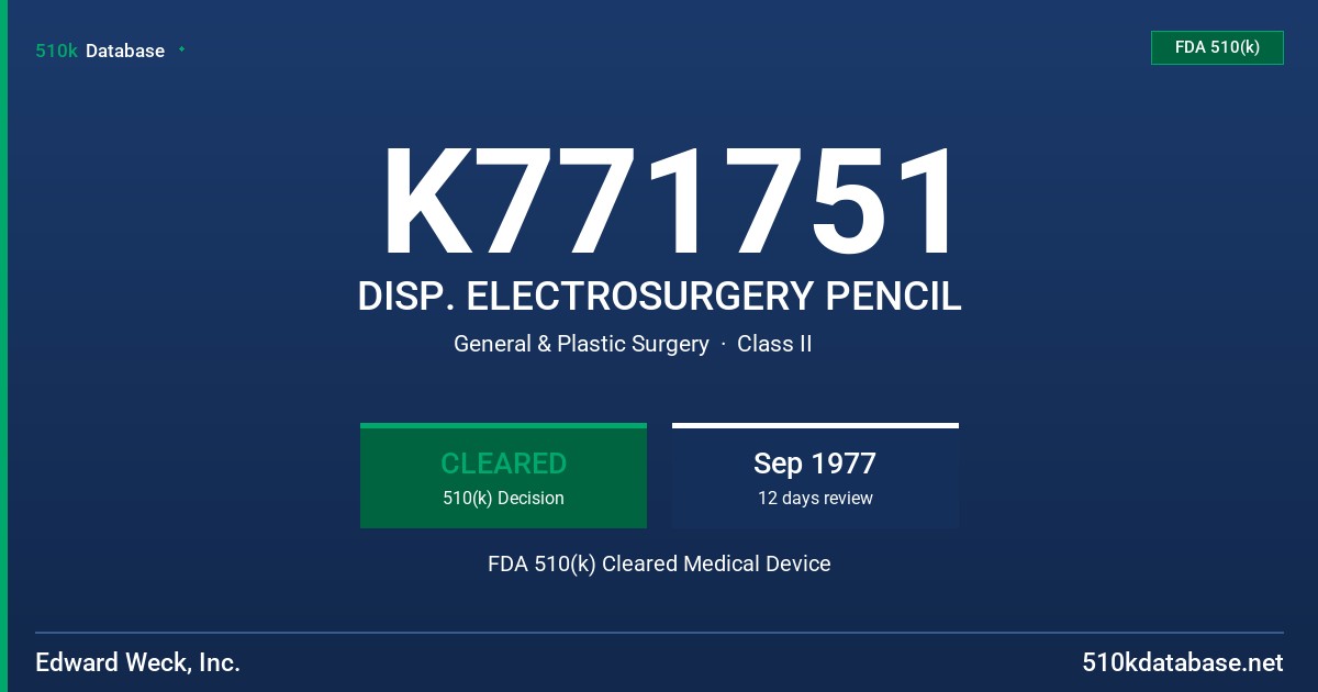 K771751 DISP. ELECTROSURGERY PENCIL FDA 510(k) Cleared Medical Device