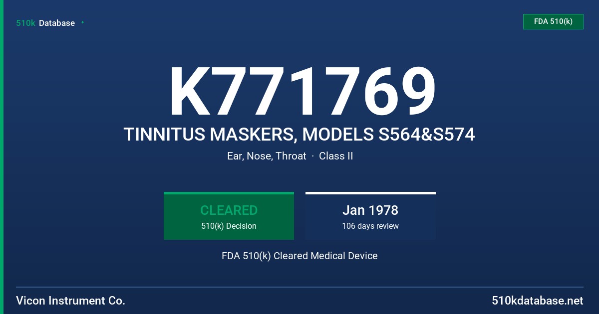 K771769 TINNITUS MASKERS, MODELS S564&S574 FDA 510(k) Cleared Medical Device