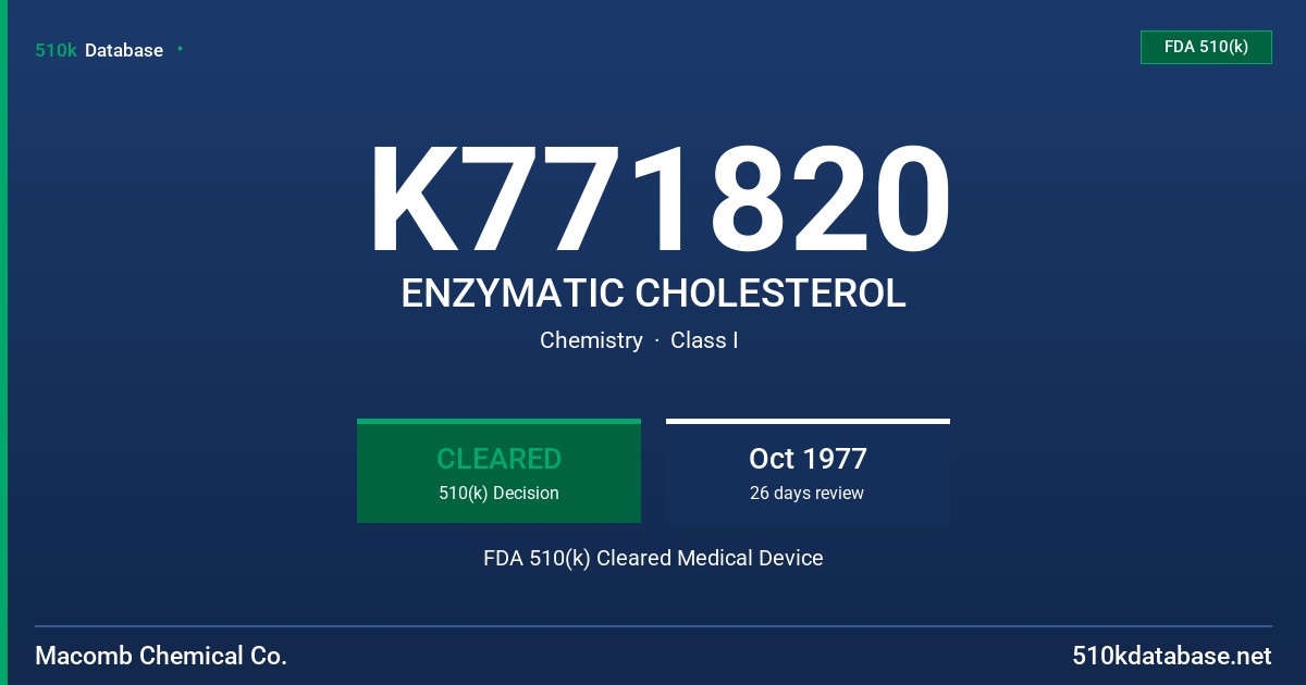 K771820 ENZYMATIC CHOLESTEROL FDA 510(k) Cleared Medical Device