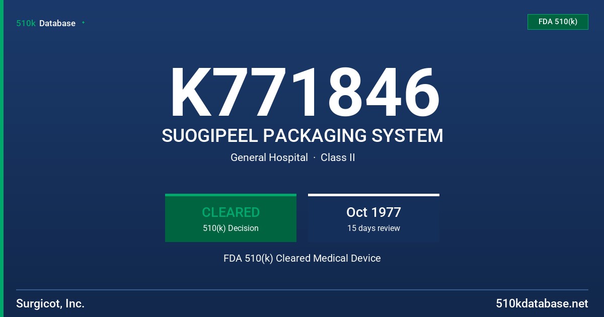 K771846 SUOGIPEEL PACKAGING SYSTEM FDA 510(k) Cleared Medical Device