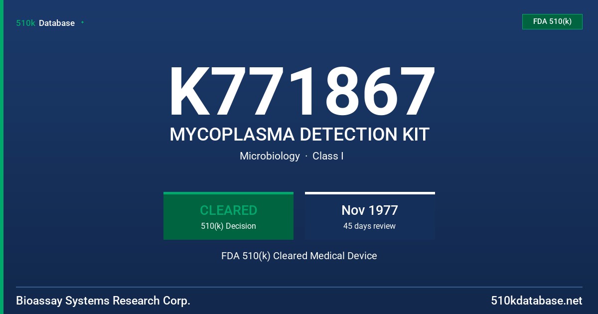 K771867 MYCOPLASMA DETECTION KIT FDA 510(k) Cleared Medical Device
