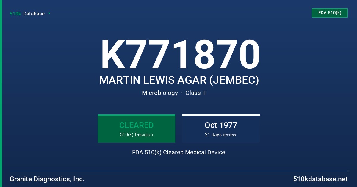 K771870 MARTIN LEWIS AGAR (JEMBEC) FDA 510(k) Cleared Medical Device