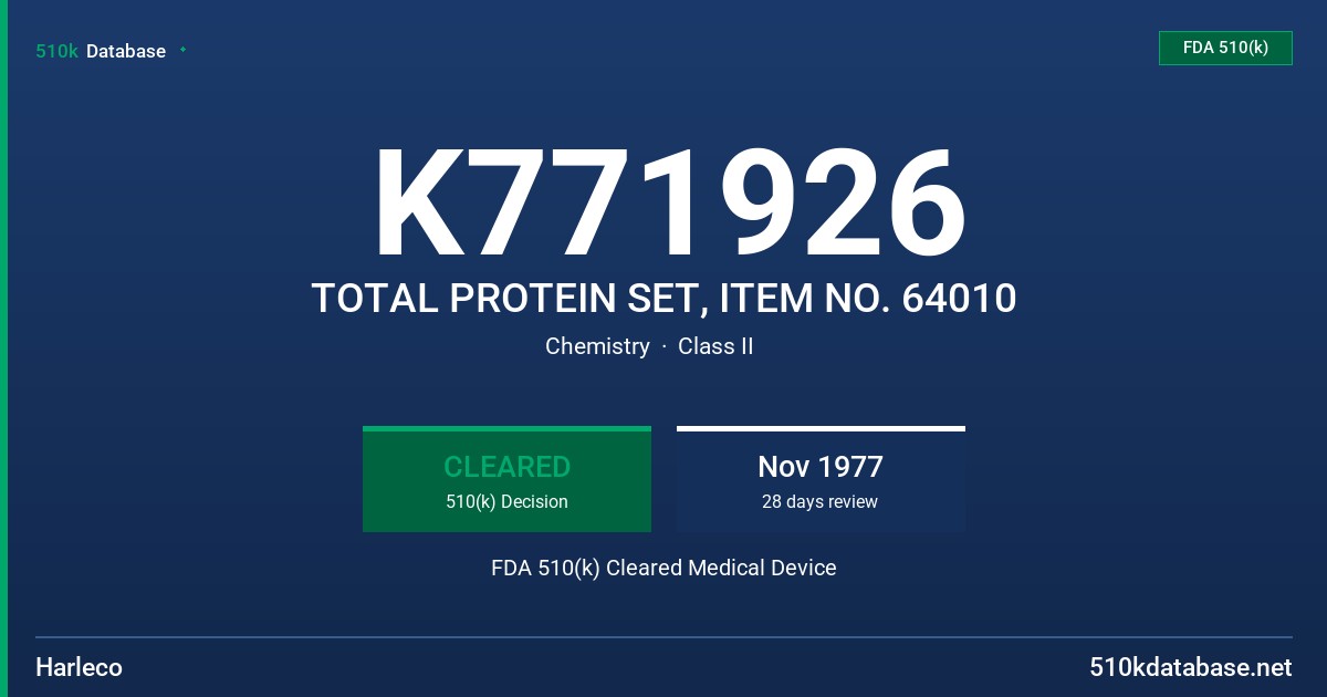 K771926 TOTAL PROTEIN SET, ITEM NO. 64010 FDA 510(k) Cleared Medical Device
