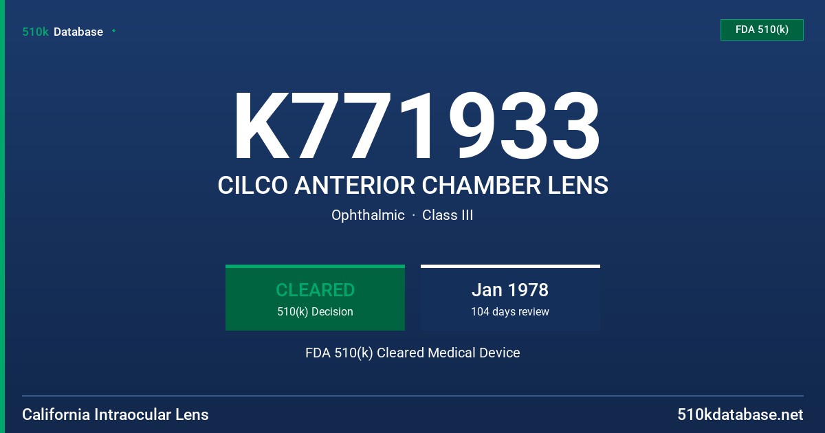 K771933 CILCO ANTERIOR CHAMBER LENS FDA 510(k) Cleared Medical Device