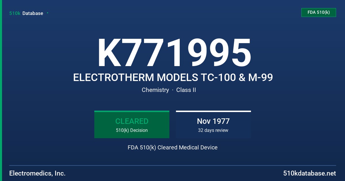 K771995 ELECTROTHERM MODELS TC-100 & M-99 FDA 510(k) Cleared Medical Device