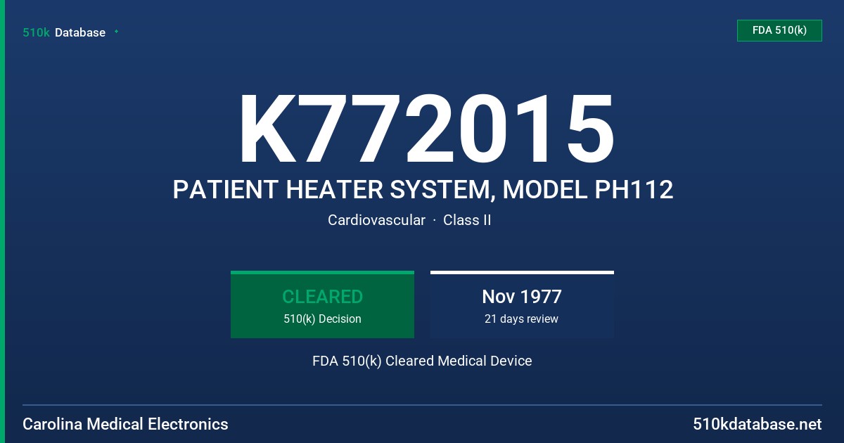 K772015 PATIENT HEATER SYSTEM, MODEL PH112 FDA 510(k) Cleared Medical Device