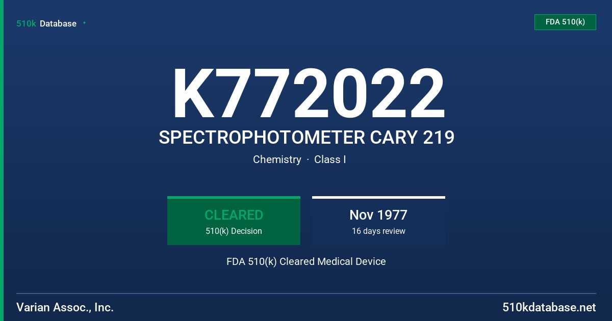 K772022 SPECTROPHOTOMETER CARY 219 FDA 510(k) Cleared Medical Device