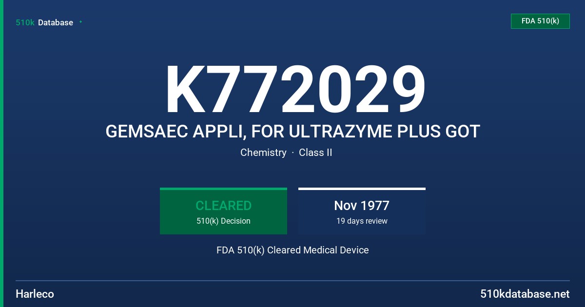 K772029 GEMSAEC APPLI, FOR ULTRAZYME PLUS GOT FDA 510(k) Cleared Medical Device