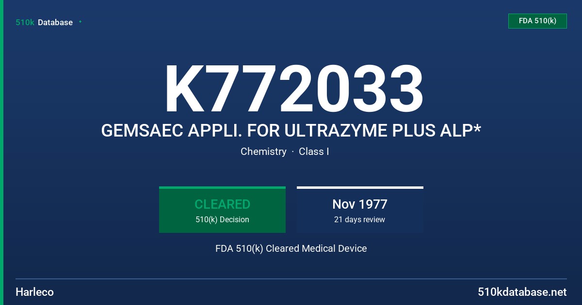 K772033 GEMSAEC APPLI. FOR ULTRAZYME PLUS ALP* FDA 510(k) Cleared Medical Device