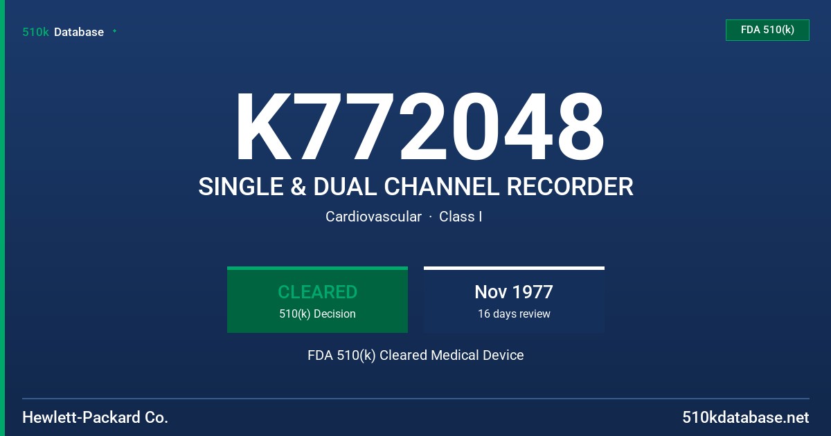 K772048 SINGLE & DUAL CHANNEL RECORDER FDA 510(k) Cleared Medical Device