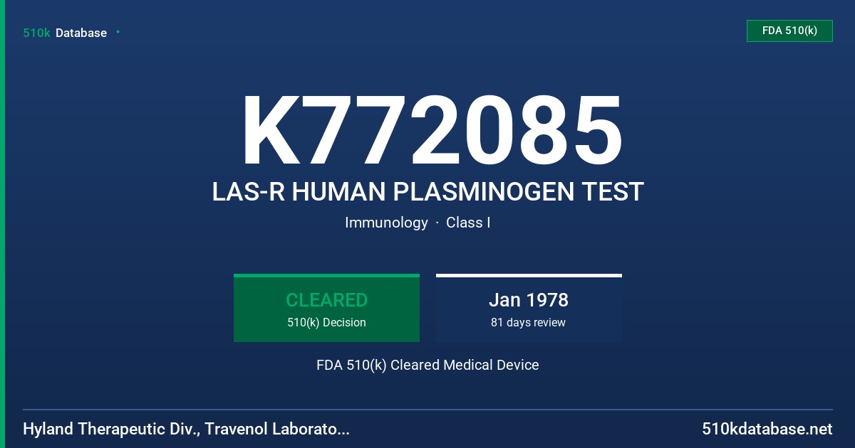 K772085 LAS-R HUMAN PLASMINOGEN TEST FDA 510(k) Cleared Medical Device