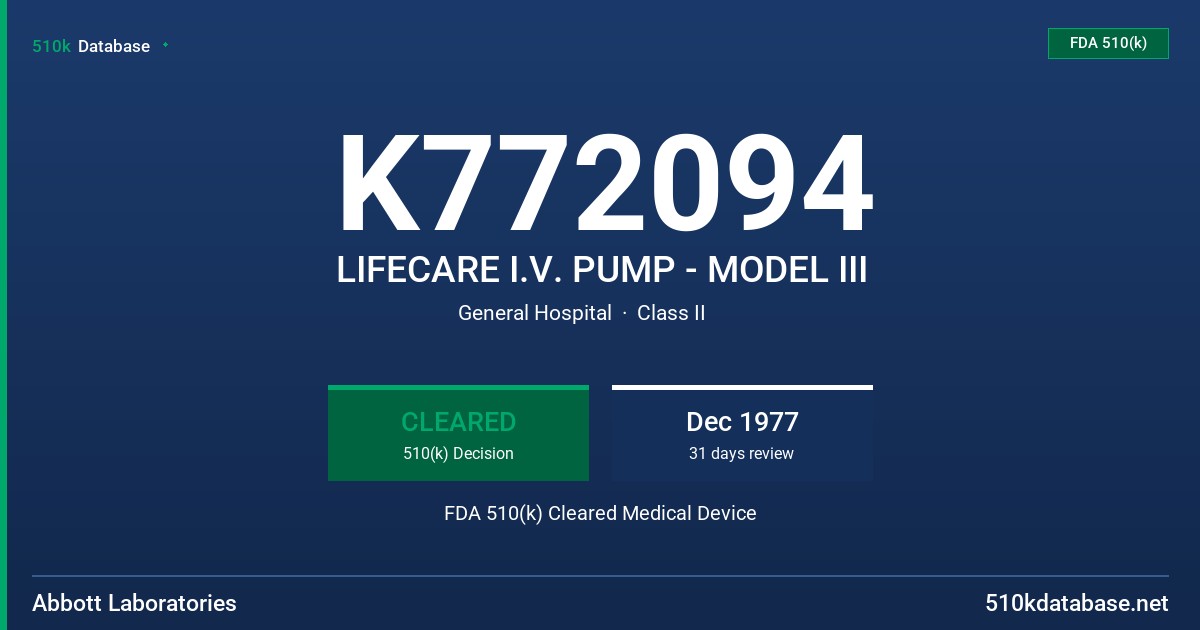 K772094 LIFECARE I.V. PUMP - MODEL III FDA 510(k) Cleared Medical Device