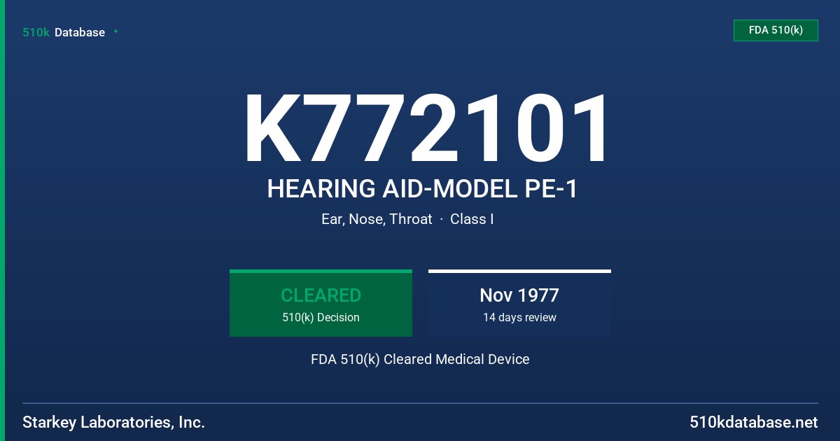 K772101 HEARING AID-MODEL PE-1 FDA 510(k) Cleared Medical Device