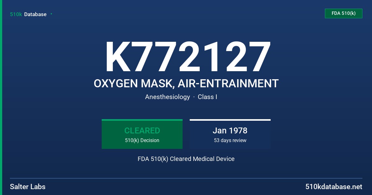 K772127 OXYGEN MASK, AIR-ENTRAINMENT FDA 510(k) Cleared Medical Device