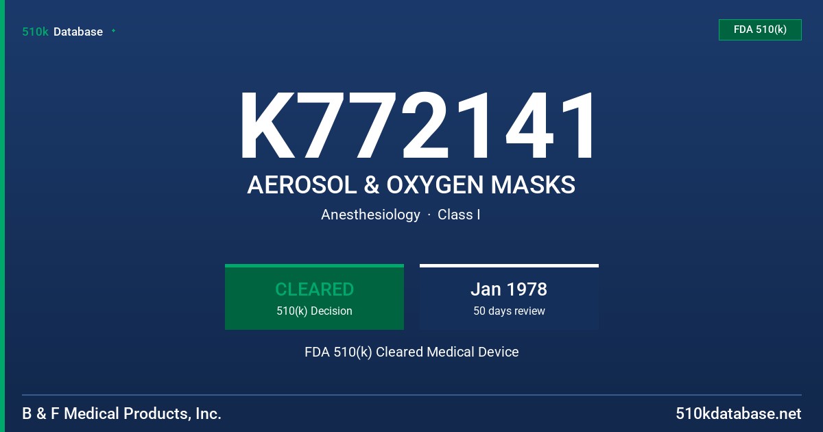 K772141 AEROSOL & OXYGEN MASKS FDA 510(k) Cleared Medical Device
