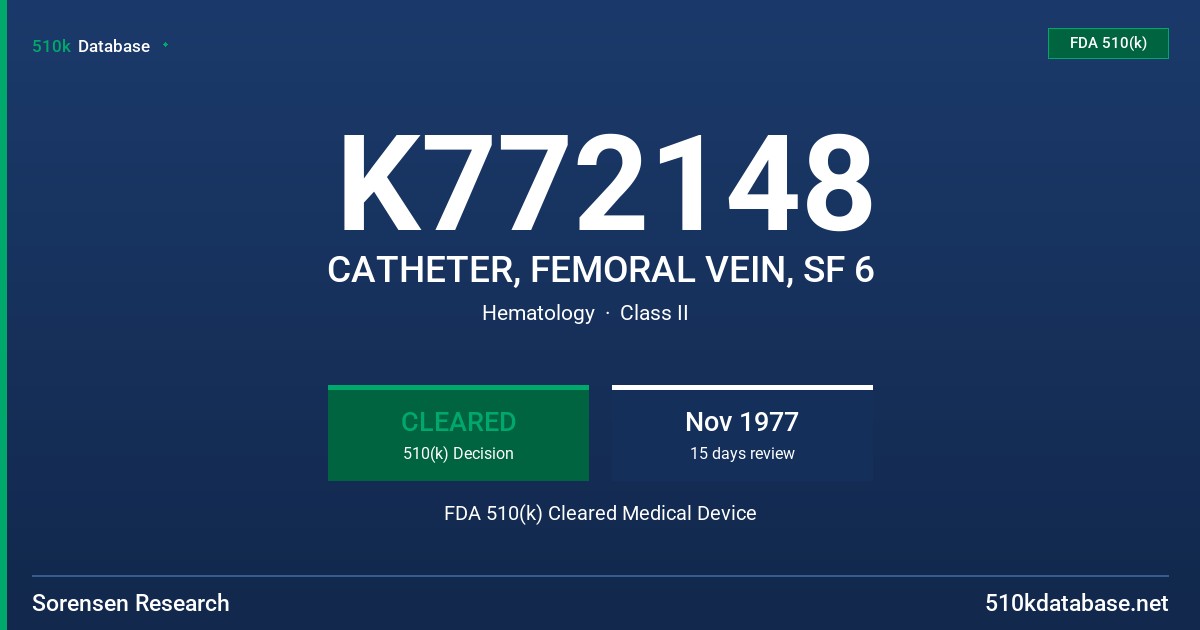 K772148 CATHETER, FEMORAL VEIN, SF 6 FDA 510(k) Cleared Medical Device