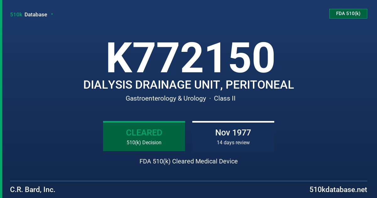 K772150 DIALYSIS DRAINAGE UNIT, PERITONEAL FDA 510(k) Cleared Medical Device
