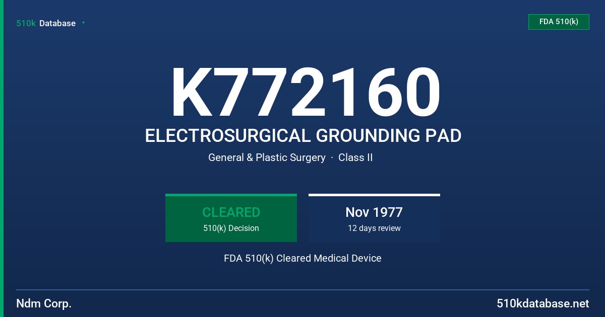 K772160 ELECTROSURGICAL GROUNDING PAD FDA 510(k) Cleared Medical Device