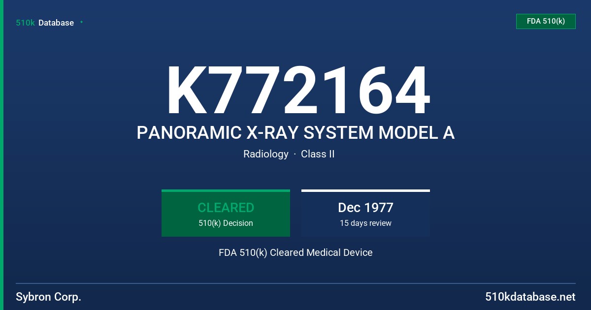 K772164 PANORAMIC X-RAY SYSTEM MODEL A FDA 510(k) Cleared Medical Device