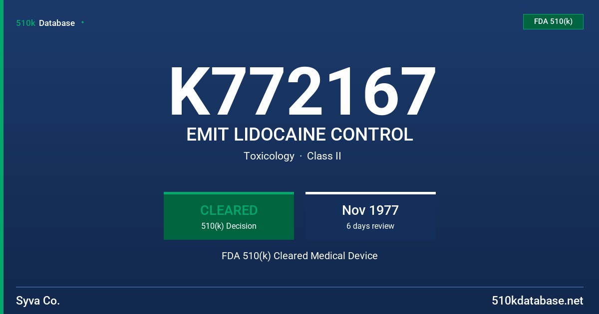 K772167 EMIT LIDOCAINE CONTROL FDA 510(k) Cleared Medical Device