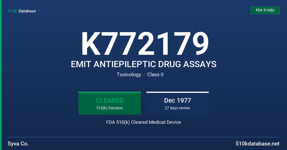 K772179 EMIT ANTIEPILEPTIC DRUG ASSAYS FDA 510(k) Cleared Medical Device