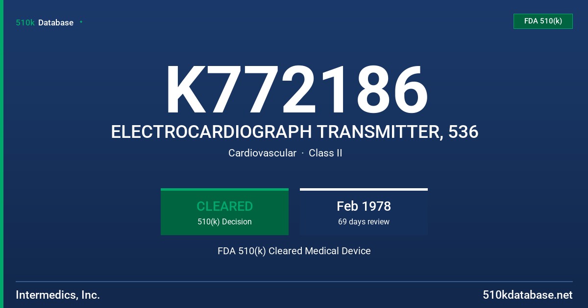 K772186 ELECTROCARDIOGRAPH TRANSMITTER, 536 FDA 510(k) Cleared Medical Device