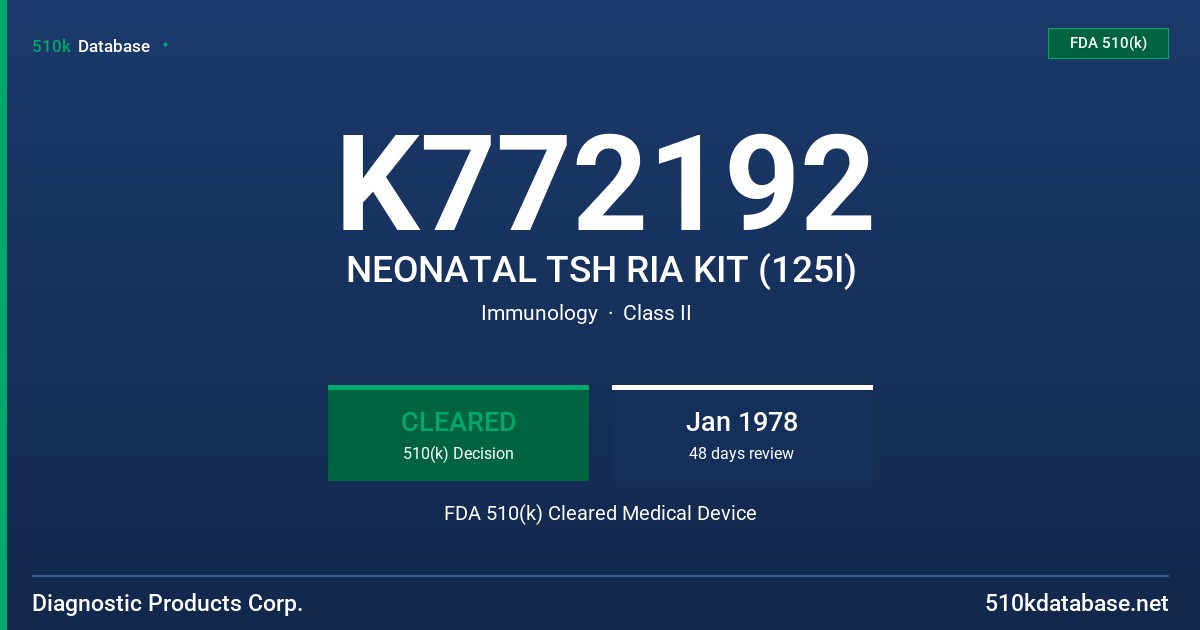 K772192 NEONATAL TSH RIA KIT (125I) FDA 510(k) Cleared Medical Device