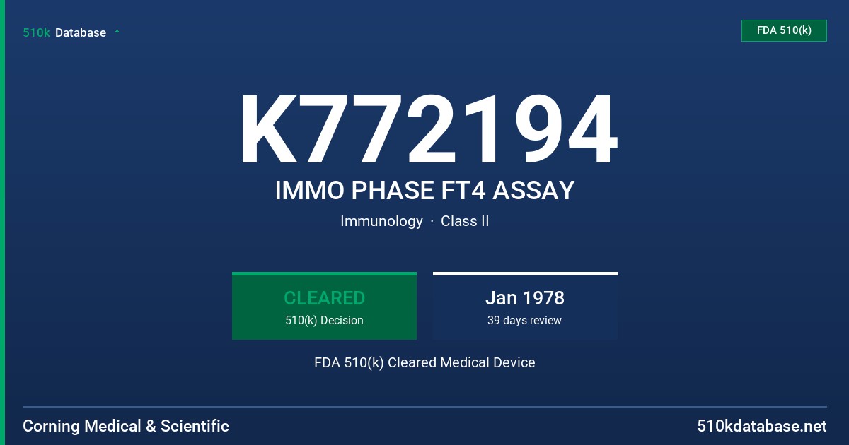 K772194 IMMO PHASE FT4 ASSAY FDA 510(k) Cleared Medical Device