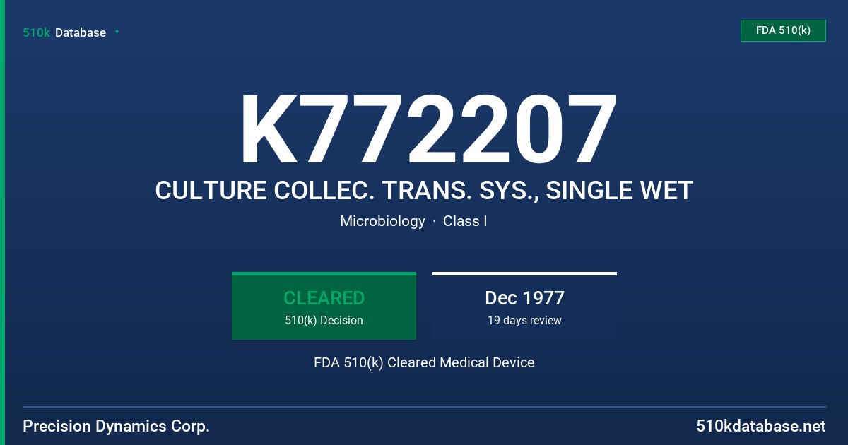 K772207 CULTURE COLLEC. TRANS. SYS., SINGLE WET FDA 510(k) Cleared Medical Device