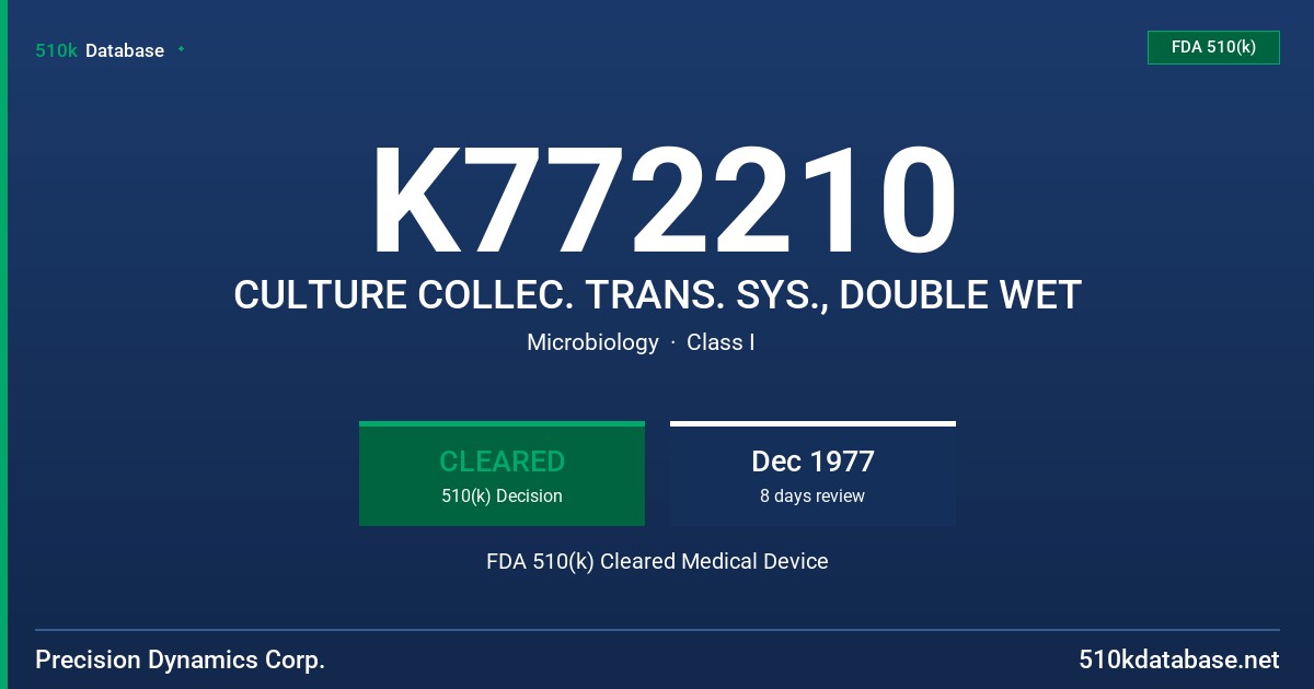K772210 CULTURE COLLEC. TRANS. SYS., DOUBLE WET FDA 510(k) Cleared Medical Device