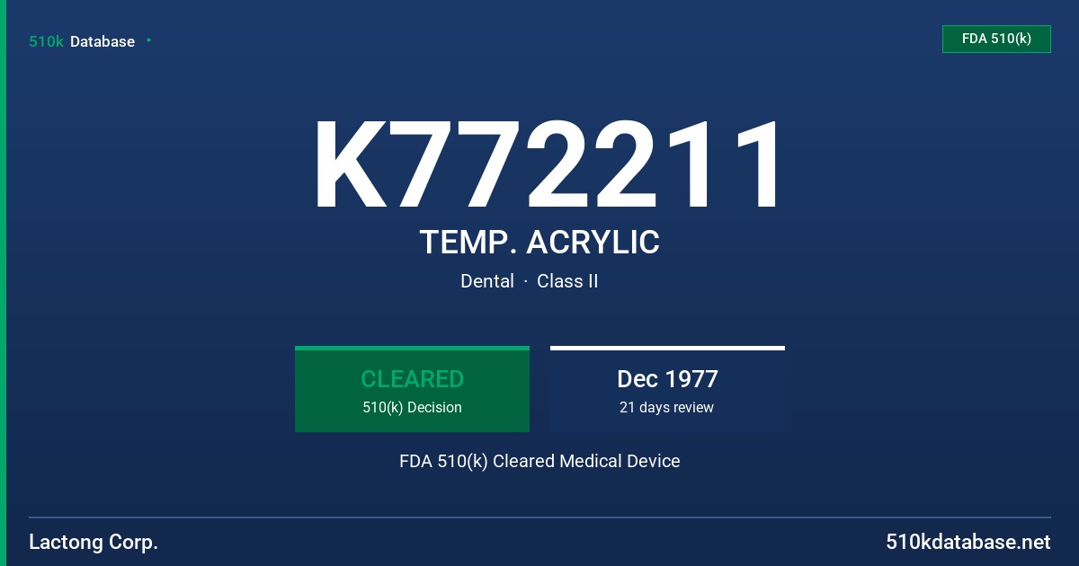 K772211 TEMP. ACRYLIC FDA 510(k) Cleared Medical Device