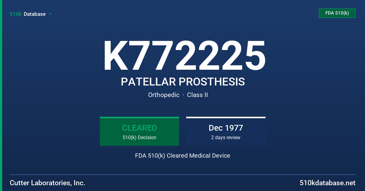 K772225 PATELLAR PROSTHESIS FDA 510(k) Cleared Medical Device