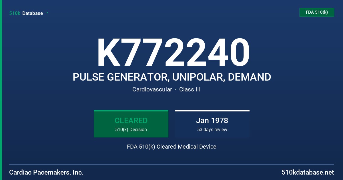 K772240 PULSE GENERATOR, UNIPOLAR, DEMAND FDA 510(k) Cleared Medical Device