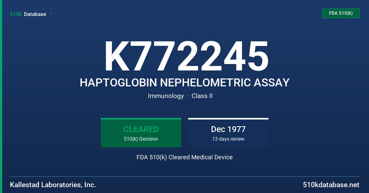 K772245 HAPTOGLOBIN NEPHELOMETRIC ASSAY FDA 510(k) Cleared Medical Device