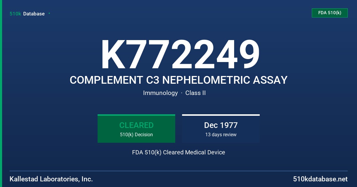 K772249 COMPLEMENT C3 NEPHELOMETRIC ASSAY FDA 510(k) Cleared Medical Device
