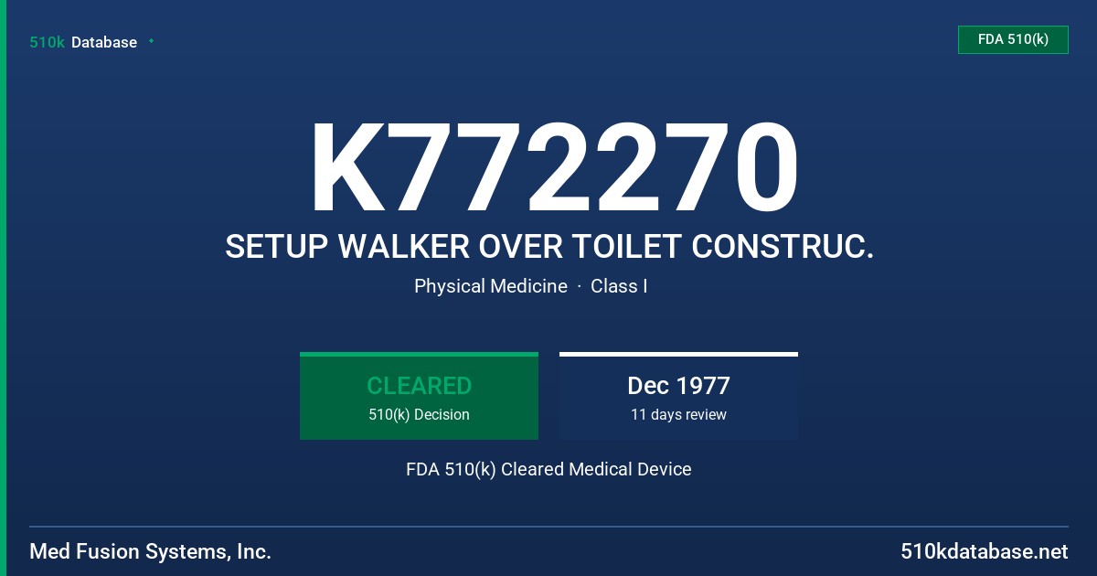 K772270 SETUP WALKER OVER TOILET CONSTRUC. FDA 510(k) Cleared Medical Device